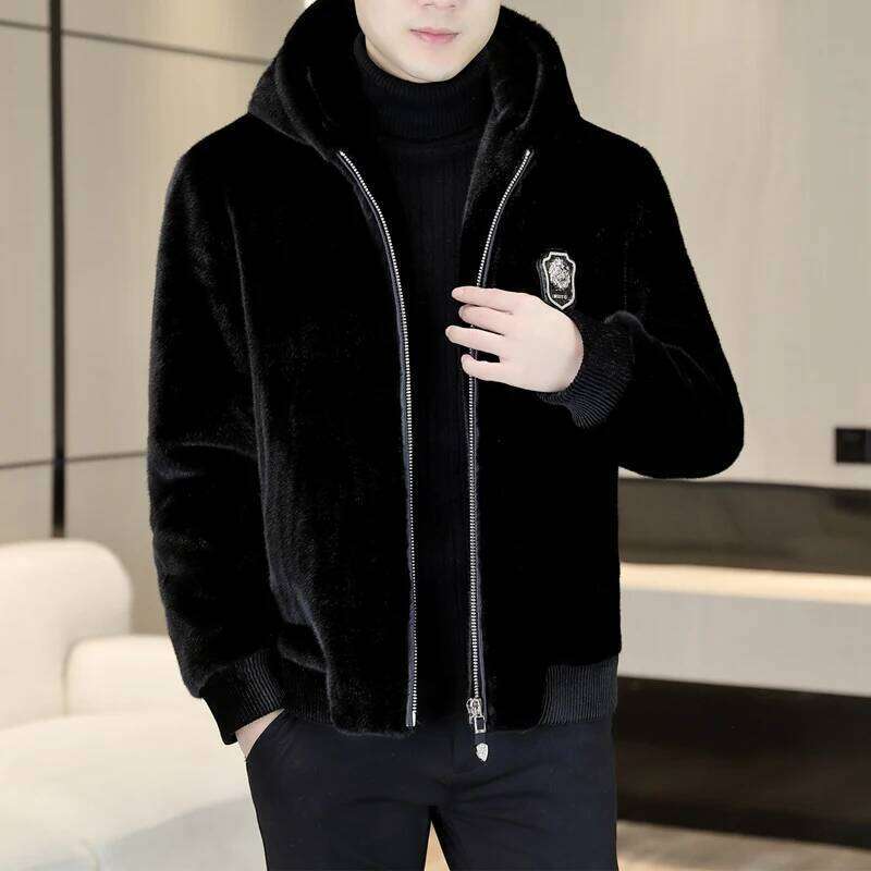 Autumn Winter Hooded Men Fashion Social Faux Mink Fur Casual Business Jacket Thick Warm Outdoor Windproof Coat Z260313