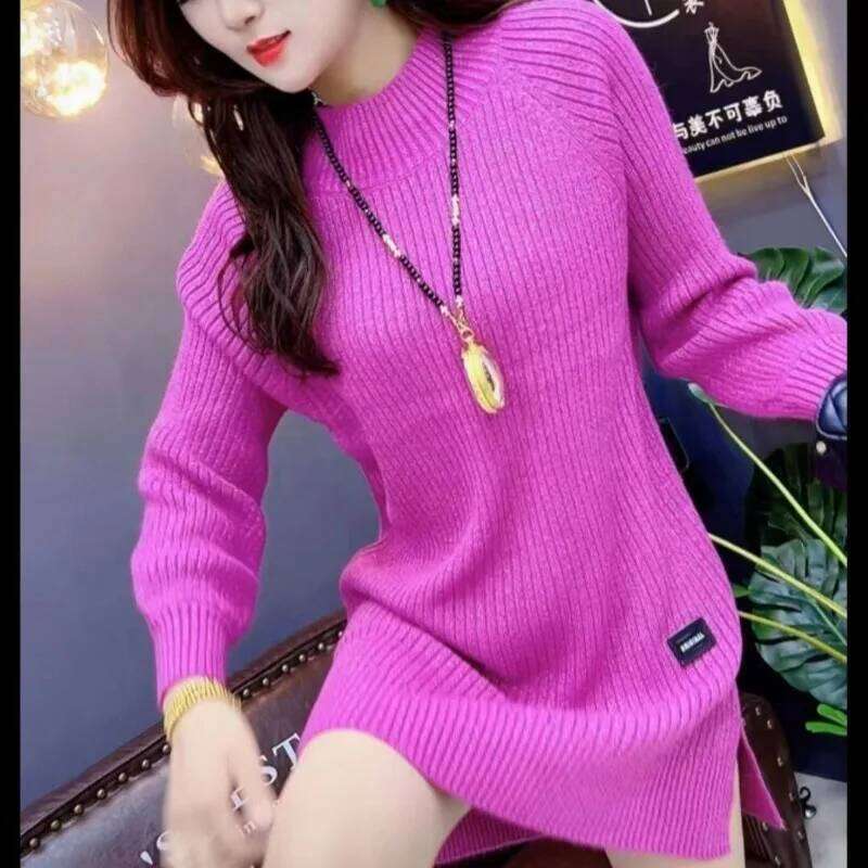 Autumn Winter Women Fashion Bright Silk Split Basic Knitted Sweater Dresses Female O Neck Long Sleeve Slim Pullover Midi Dress Z260313