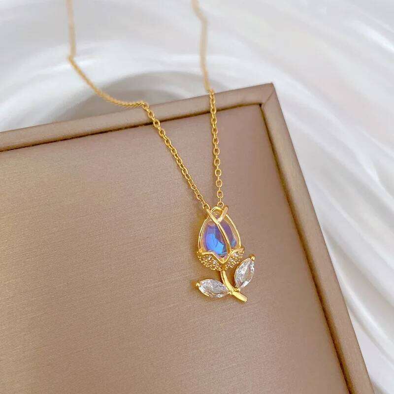 Sweet Romantic Pink Tulip Flower Pendant Necklaces for Women Girls Classic Stainless Steel Chain Jewelry Accessories Gifts H260312
