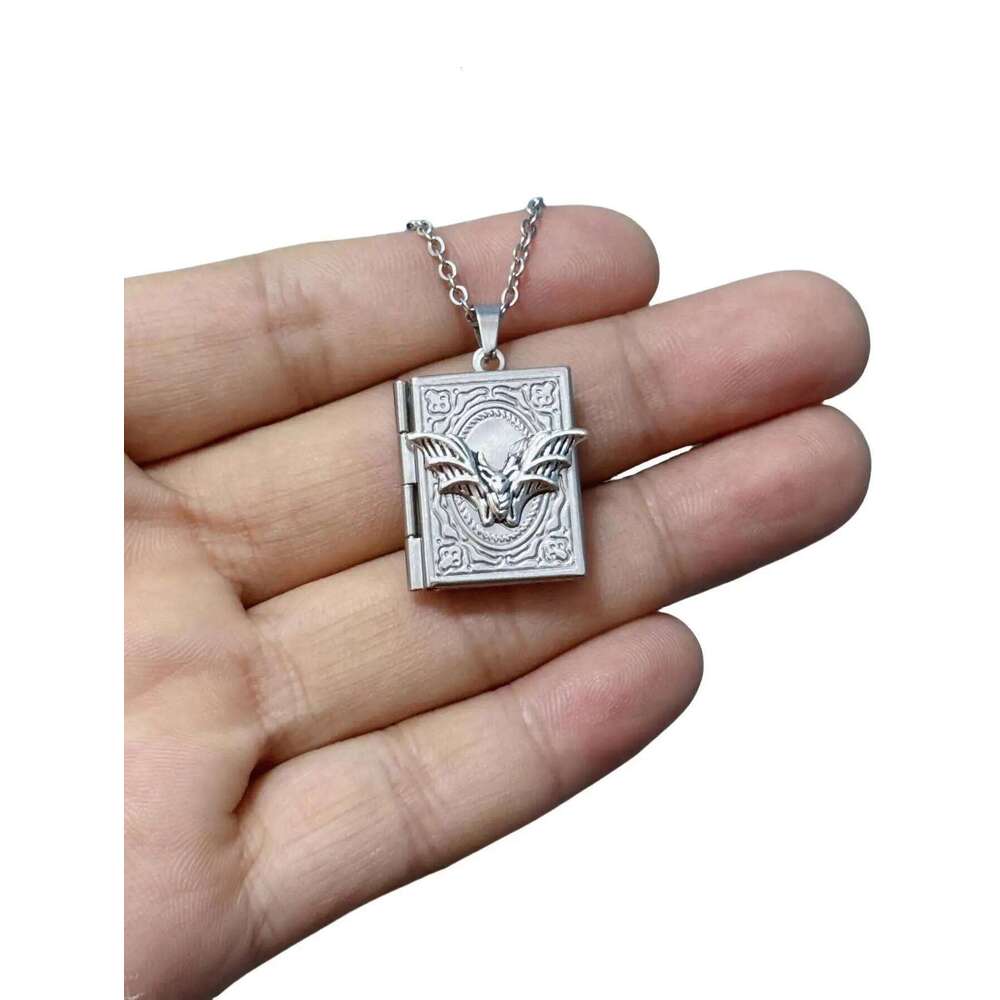 Gothic Book Animal Photo Box Charm, Fire Dragon Moth Snake Rose Bat Sun Necklace, Vintage Jewelry Gifts For Her/Him H260312