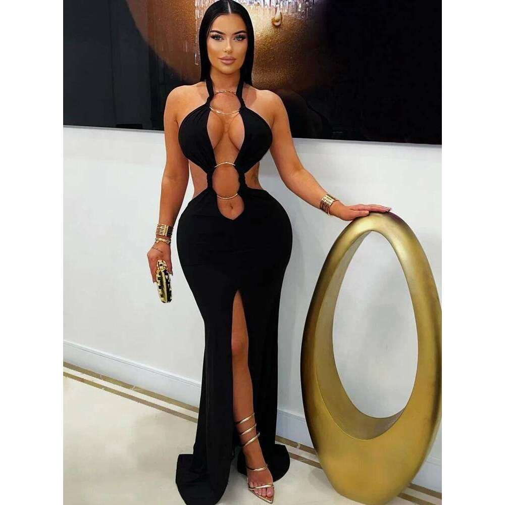 Beyprern New Chic Halter V Neck O Rings Long Maxi Dress Glam Women Sexy Backless Ruched High Slit Party Dresses Birthday Outfits