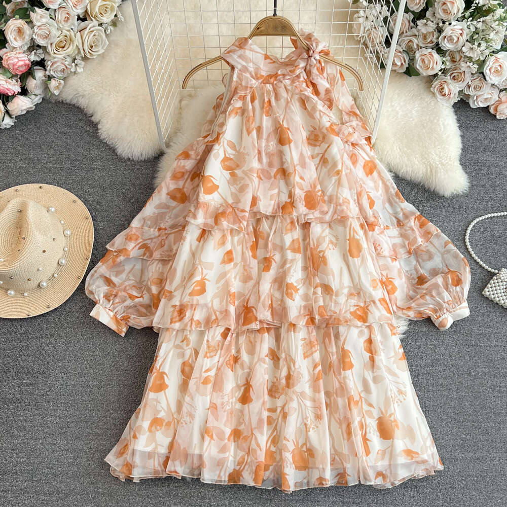 Designer Women's French Tea Break A14 Seaside Vacation Beach Skirt Sweet Backless Collar Off Shoulder Loose A-line Chiffon Dress