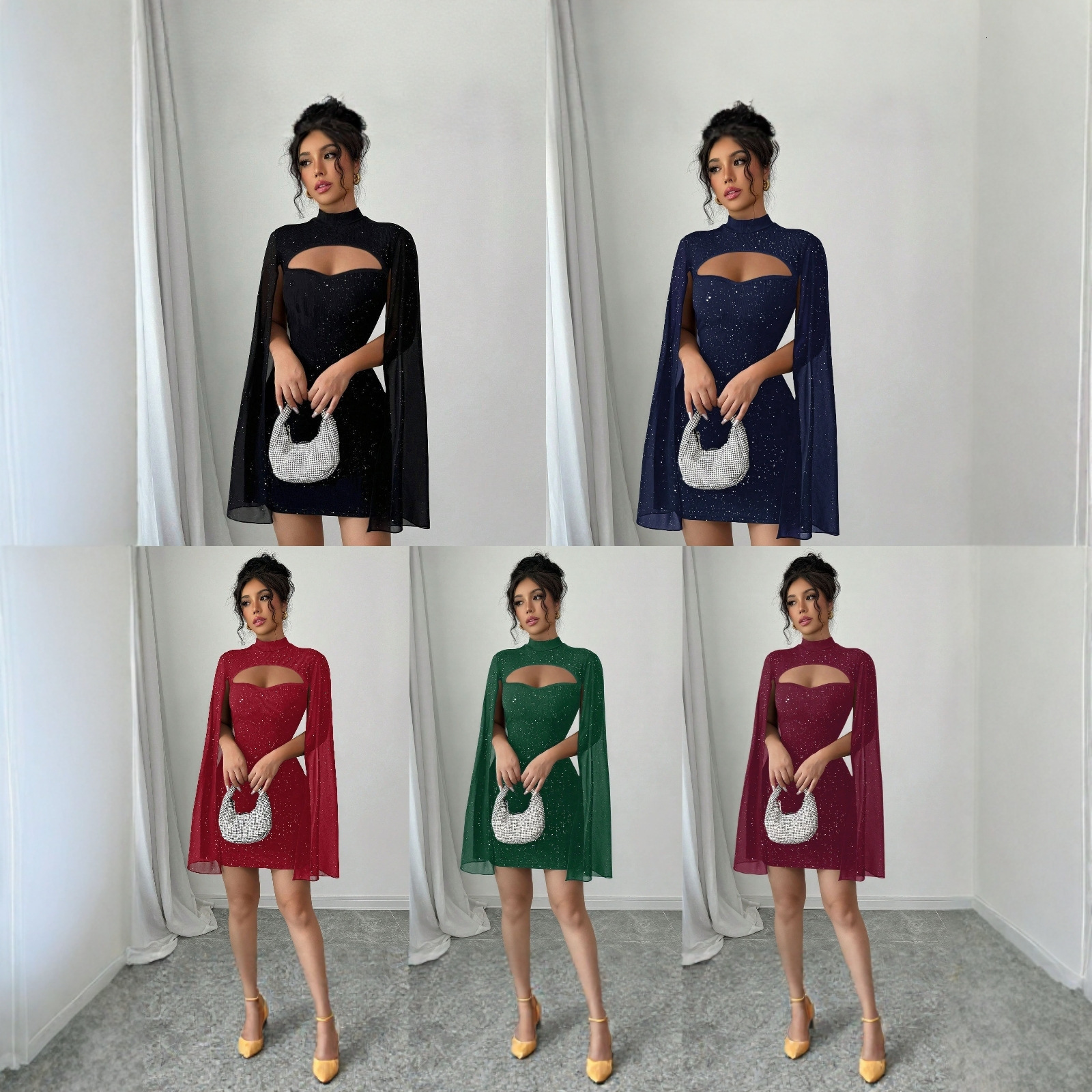 Mozision Cape Long Sleeve Sexy Midi Dress For Women Autumn Winter Square Collar Back Slit Bodycon Club Party Long Dress 250303