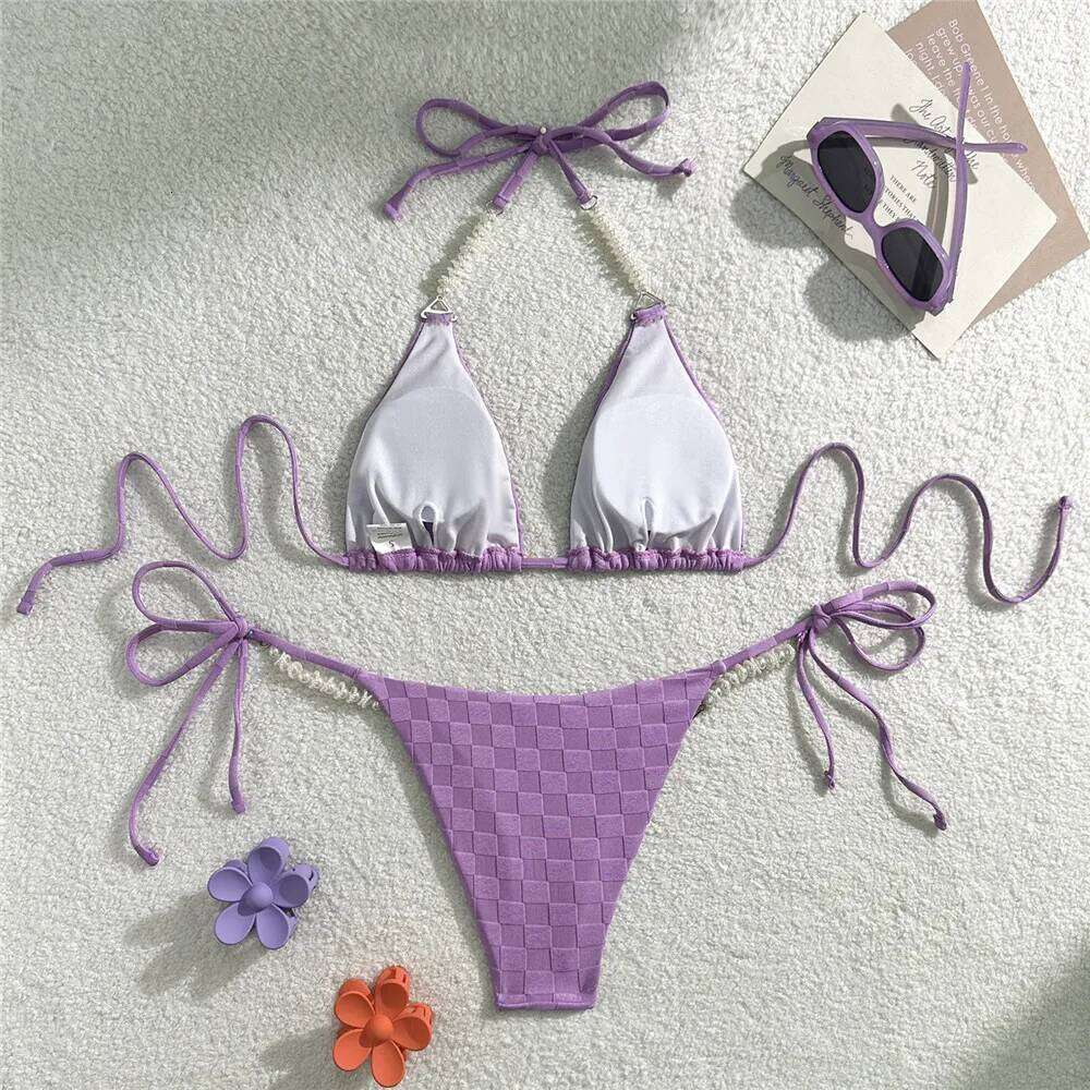Light Purple Swimwear Pearl String Halter Micro Bikini Thong 2025 Sexy Swimsuit Women Bathing Suit Triangle Bikinis Sets Mujer Y260303