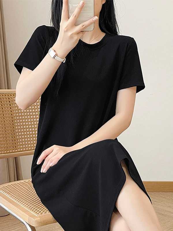 Early Autumn New Black Short Sleeved Dress Womens Straight Tube Loose Fit Slimming Round Neck T-shirt Long SkirtT260314
