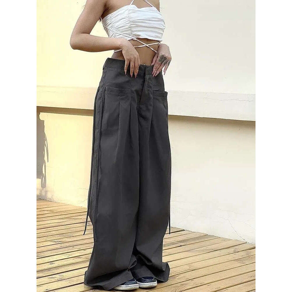 Women's Pants Shirring Casual Wide Leg Women High Waist Street Basic Loose Sweat Trousers Korean Retro Gray Office Y2K Lady Z260312