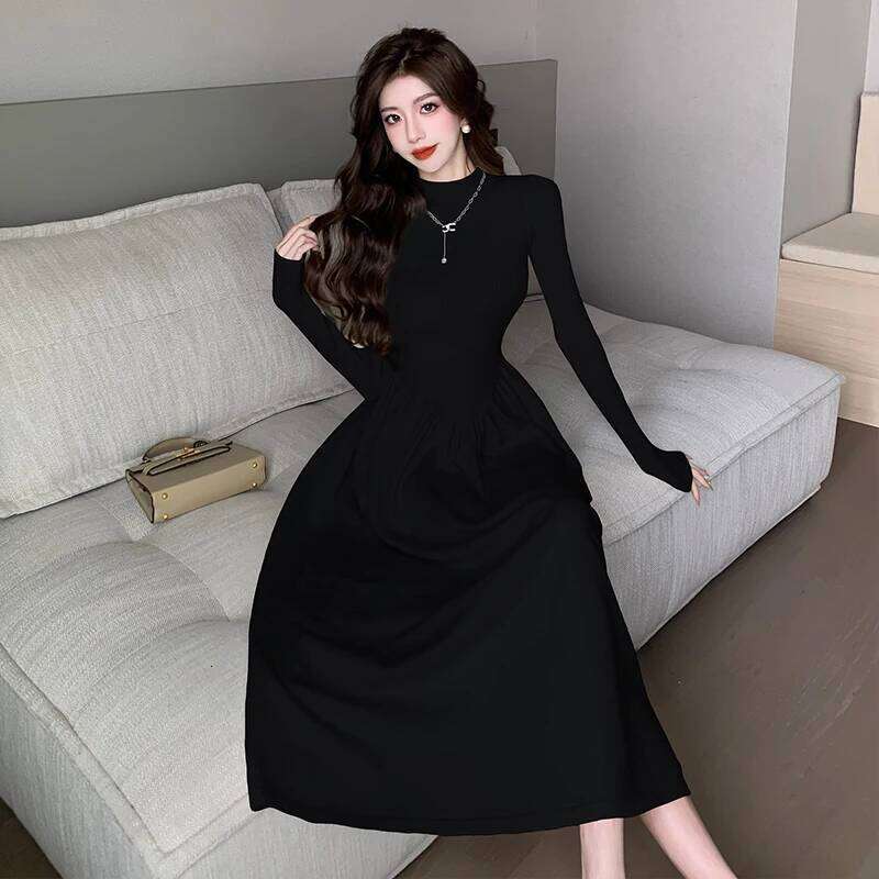 French Fashion High Collar Long Sleeve Knitted Women's Autumn Winter Inner Waist Cinching Sweater Maxi Dress New Arrival Z260314