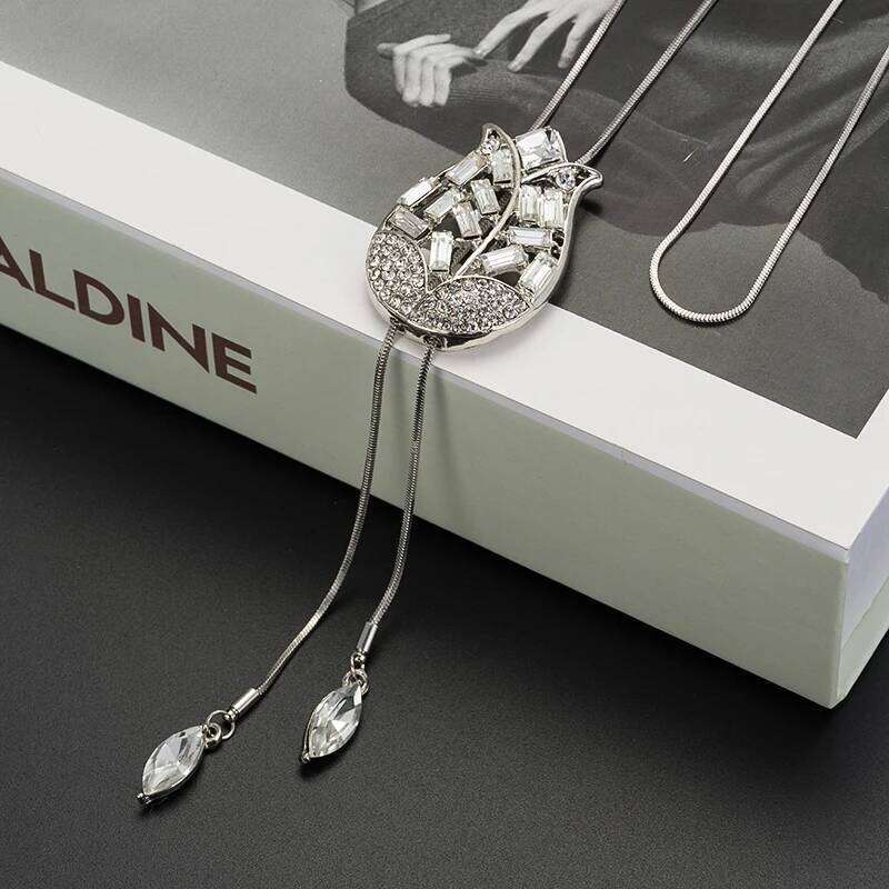 Fashion Unique Hollow Crystal Blue Shampee Tulip Pendant Sweater Silver Color Chain Long Necklace for Women H260312