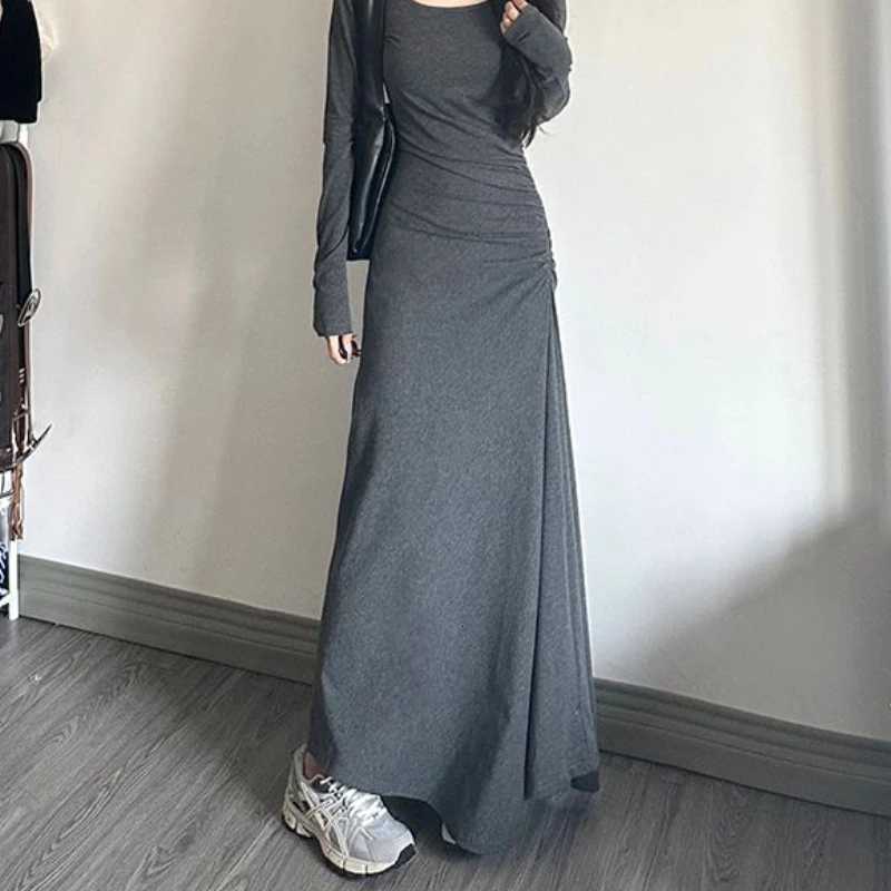 Irregular Y2k Long Dress Women High Waisted Sleeve Solid Basics Elegant Korean Fashion Streetwear Minimalist Sexy VintageT260314