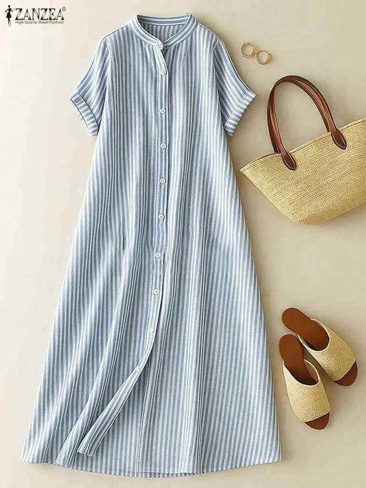 ZANZEA Womens Casual Striped Midi Dresses Stand Collar Short Sleeve Buttons Shirtdress Spring Summer Holiday Woman Clothes 3XLT260314