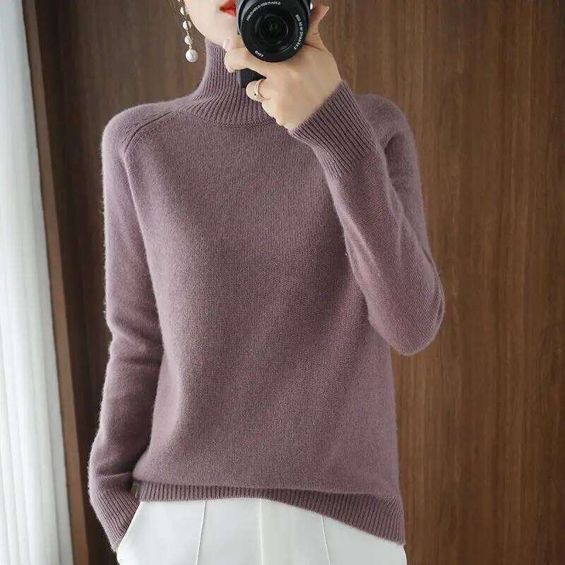 Women's Turtleneck Cashmere Sweater, Casual Loose Pullover, Long-sleeved, Hedging Base, Monochromatic, Fall, Winter, 2023 Z260313