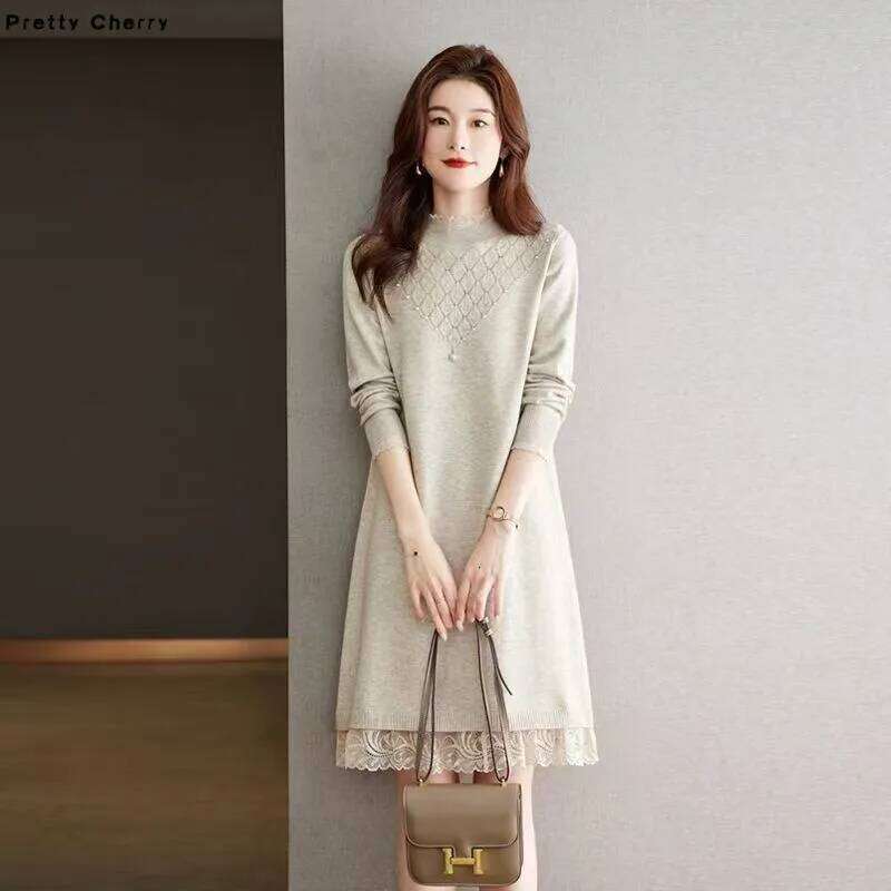 2025 Autumn Winter Women's Lace Stitching Dress Over The Knee Long Female Sweater Skirt Knitted Round Neck With Vestidos Z260314