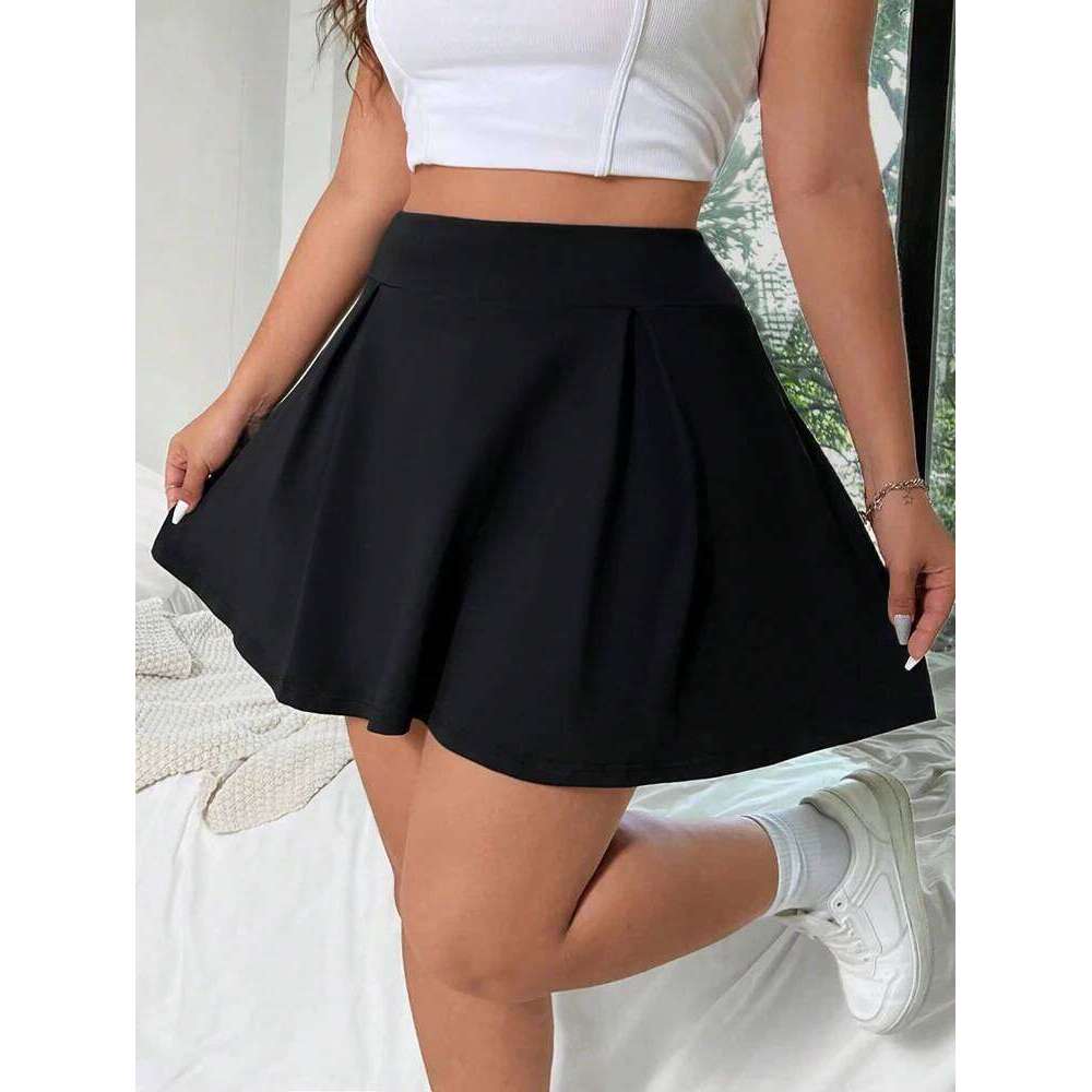 Black Knitted Skirt Plus Size Women's with Built-in Shorts and Pockets Solid Colour Y2K Z260314