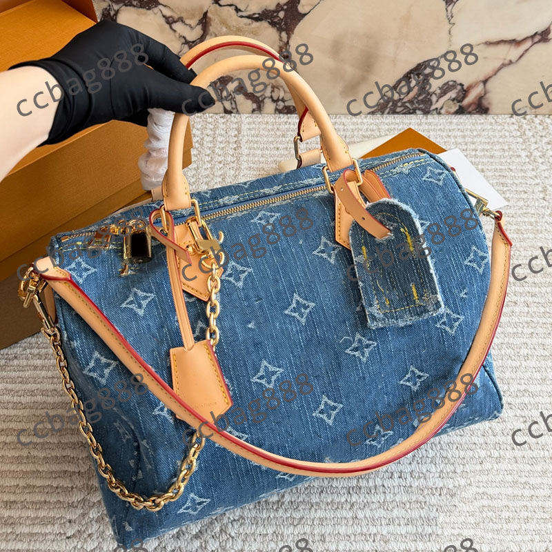 30X21CM Women Designer Cowboy Denim M14430 Old Flower Soft 30 Boho Toron Handle Tote Pillow Shoulder Bag Duffel Handbag Gold Zipper Outdoor Sport Luggage 30CM
