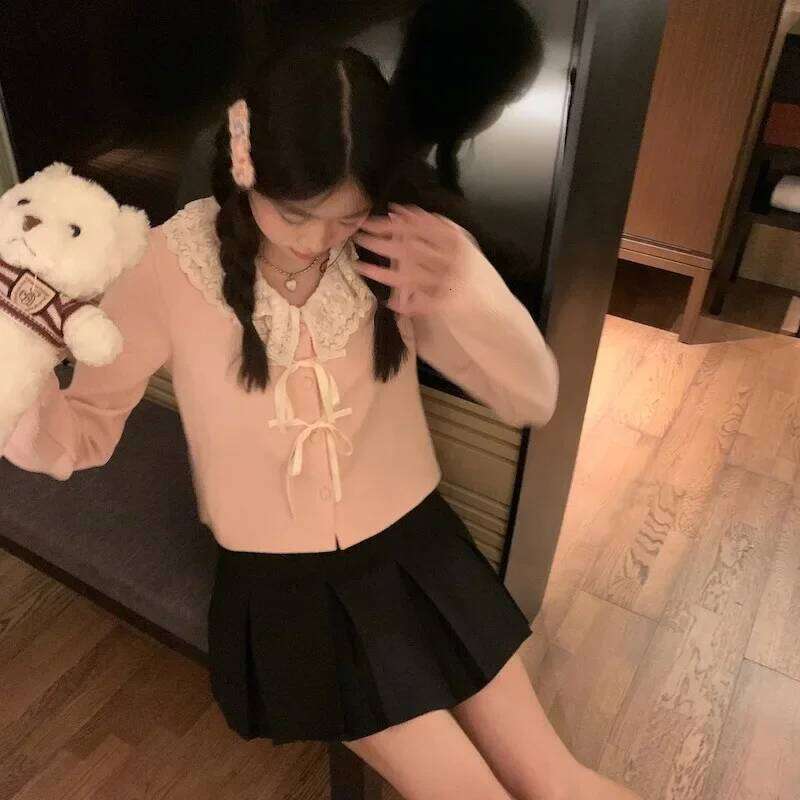 Long Sleeve Knitted Cardigans Women Single Breasted Patchwork Sweet Lace Fall Winter Lovely Casual Tops Bow V-neck All-match Ins Z260314