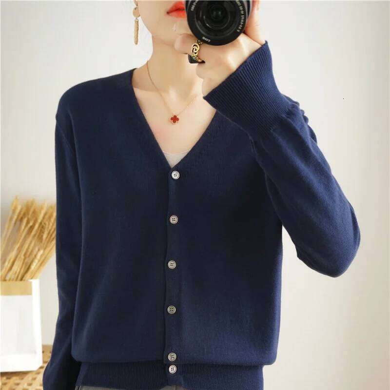 Autumn And Winter Women's V-neck Sweater 100% Knitted Long Staple Cotton Cardigan Basic Classic Korean Versatile Top SMY Z260313