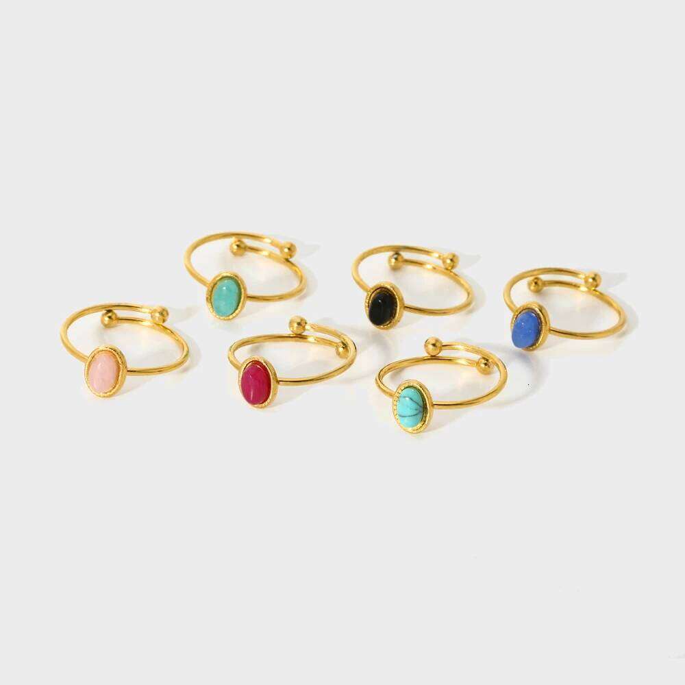 Stainless steel 18k Gold plated Minimalist Natural stone Obsidian Adjustable Stackable ring for Women H260312