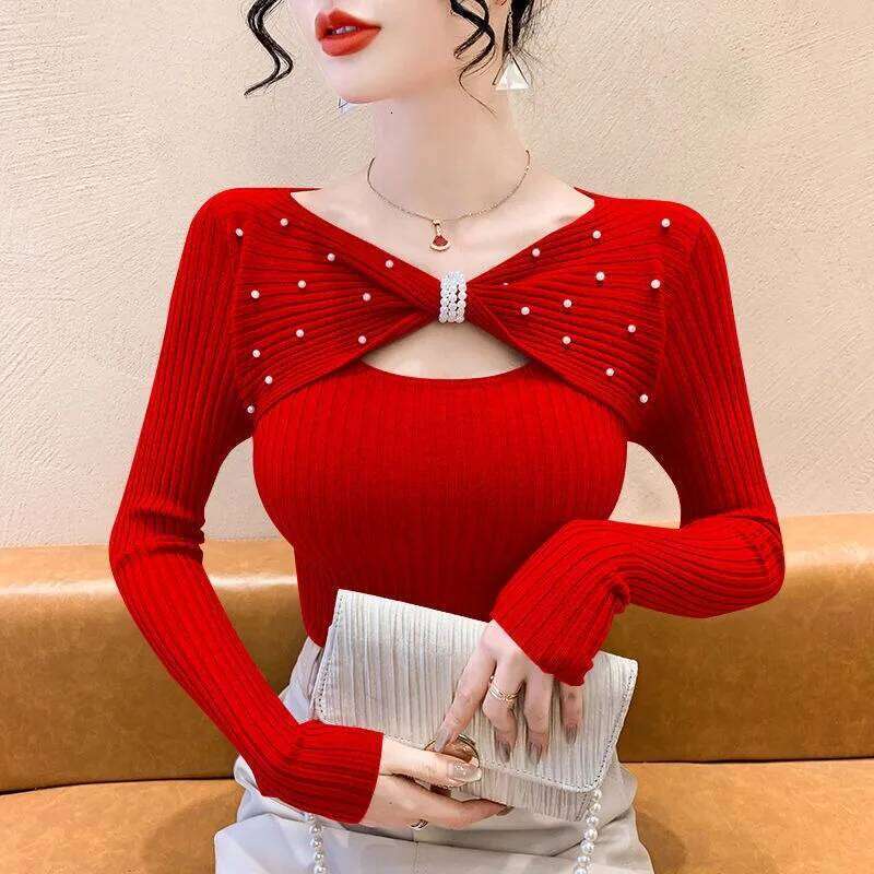 Temperament Versatile Commuter Bead Bow Sweater Pullover Slim Fit Women's 2024 New Autumn Trendy Long Sleeve Chic Top Z260313