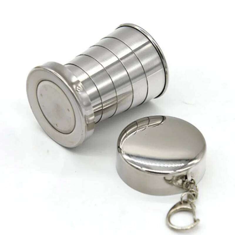 1Pc 75ML Keychain Stainless Steel Retractable Cup Teacups Teaware Folding Glass Z260313
