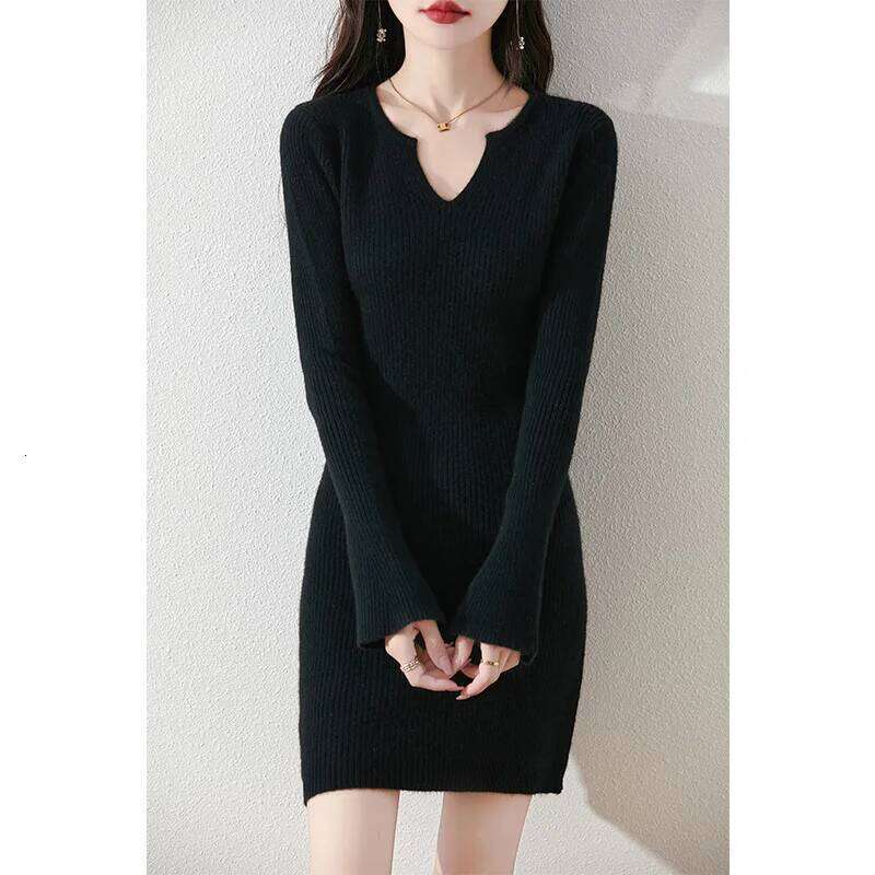 100% Merino Wool Elegant Knitted Dress Autumn Winter Women's Mid-Length Flare Sleeve Dresses Warm Sweater Bottoming Skirt Z260314