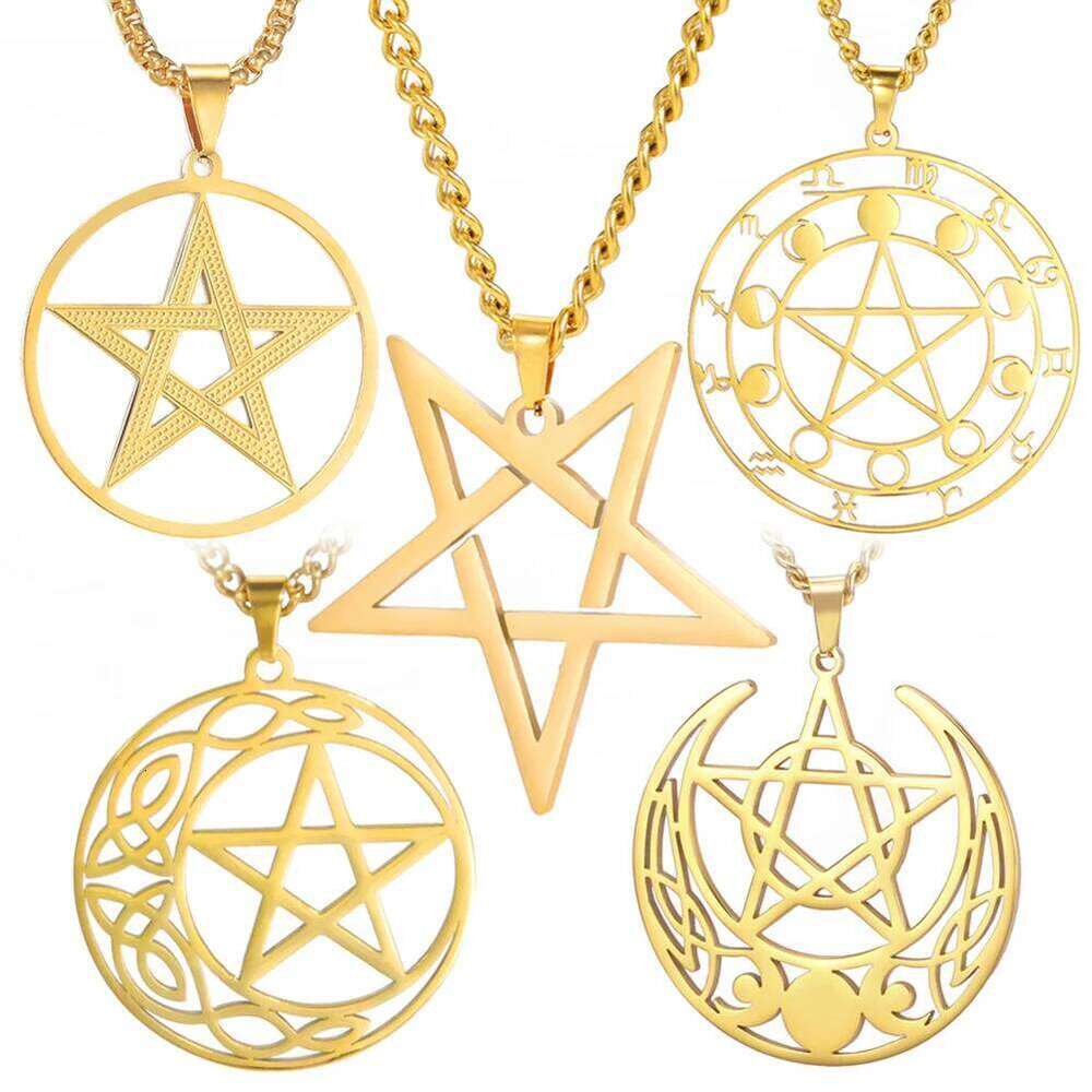 Dawapara Vintage Interted Pentagram Pentacle Pendant Crescent Moon Phase Wiccan Amulet Stainless Steel Necklace H260312