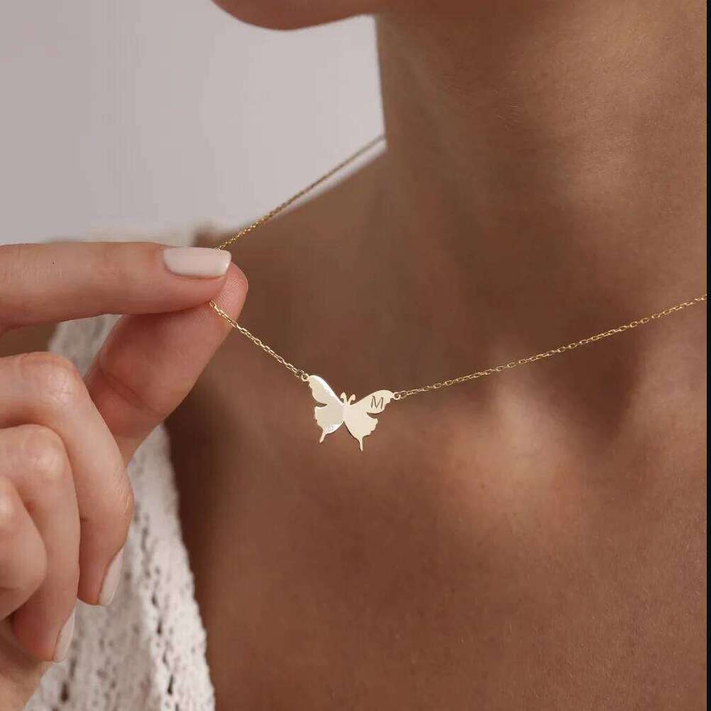 Stainless Steel Initial Letter Necklaces For Women Minimalist Gold Color Butterfly Name Necklace Wedding Jewelry BFF H260312