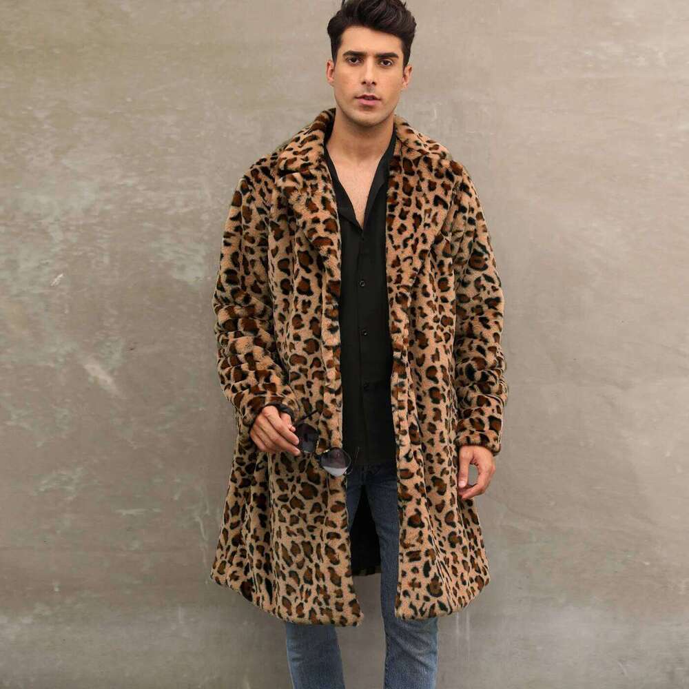European American New Fashion Men's Leopard Casual Trendy Simple Basic Loose Turn-down Collar Long Sleeve Faux Fur Coats Tops Z260313