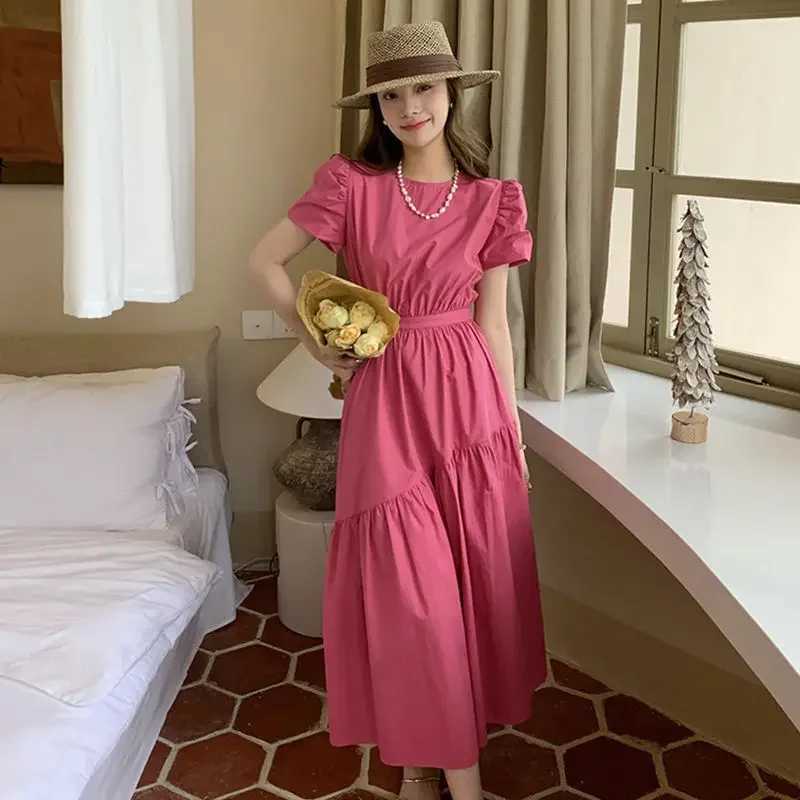 Elegant French Waist-Cinching Pink Dress Womens Summer 2025 New Small Size High-End Sensation Meat Covering Slim Long DressT260314