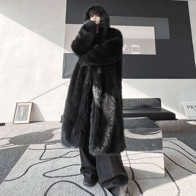 IEFB Niche Design Men's Artificial Fur Coats Hooded Solid Color Covered Button Overknee Thickened Loose Male Overcoats 9X1158 Z260313