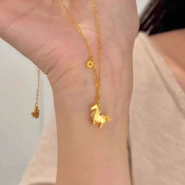 AETEEY New Chinese Gold Origami 3D Pony Necklace Women Minimalist Light Zodiac Year Coin Clavicle Chain H260312
