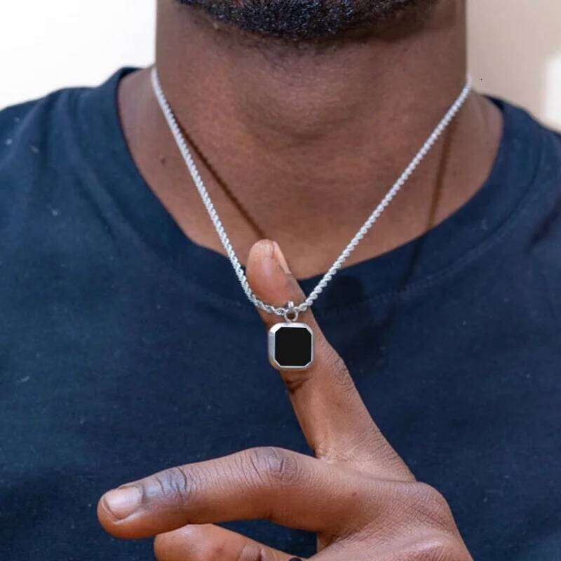 Vnox Geometric Necklaces for Men, Enamel Square Pendant with Rope Cuban Figaro Box Chain, Casual Vintage Cool Collar H260312