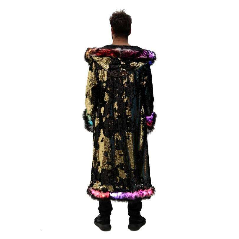 New LED Costume Long Hooded Flash Clothes Burning Man Clothing Men's Faux Fur Coat Z260313