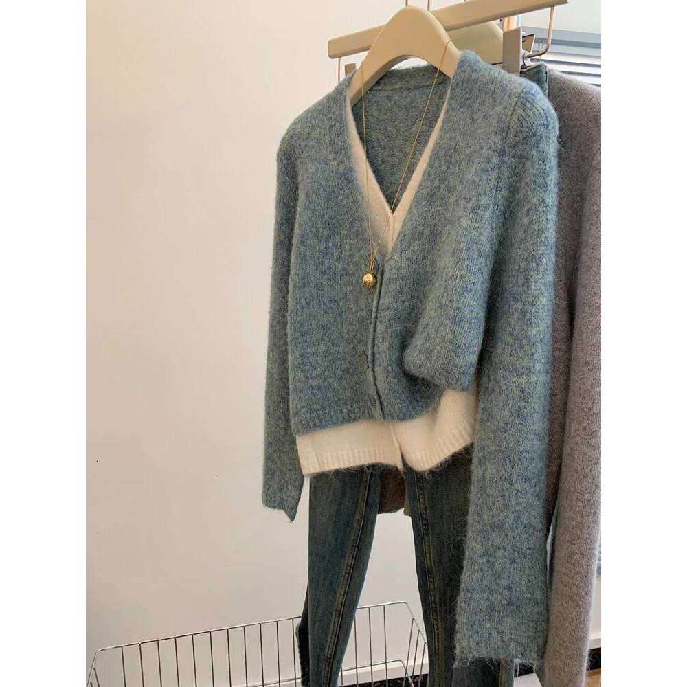 Zjaiss Women Lazy Style False Two-piece Cardigan 2026 Korean Elegant V-Neck Knitted Sweater Chic Spring Autumn Casual Grey Top Z260313