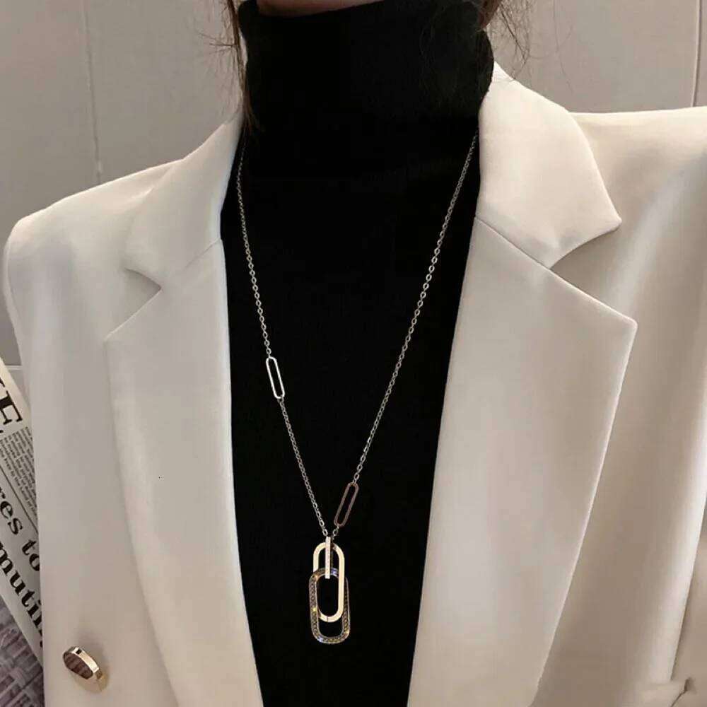 Minimalist Geometric Crystal Oval Square Pendant Necklace for Women Stainless Steel Long Sweater Chains Jewelry Statement Gift H260312