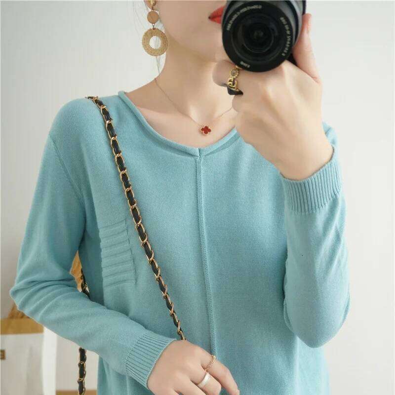 2023 Autumn/Winter Women's New Pullover Casual Solid 100% Cotton Knitted V-Neck Loose Sweater Fashion Soft Breathable Top