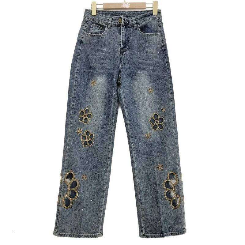YEAE women's high-waisted hot embroidered hollow-out meat-covering and thin denim straight-leg pants Z260313