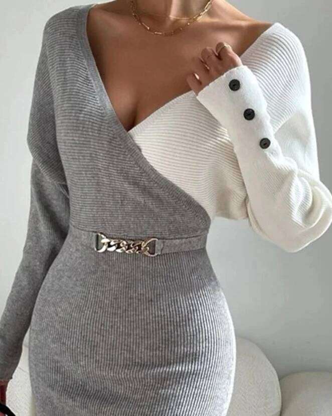 Women's Colorblock Button Decor Long Sleeve Knit Sexy Tight Fitting Hip Hugging Temperament Commuting Casual Dress Z260313