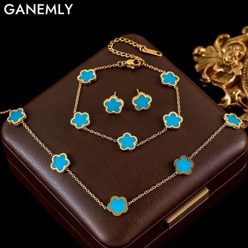 GANEMLY Stainless Steel Blue Plant Flower Necklace Earrings With Five Petals Women's Gifts Cr Jewelry H260312