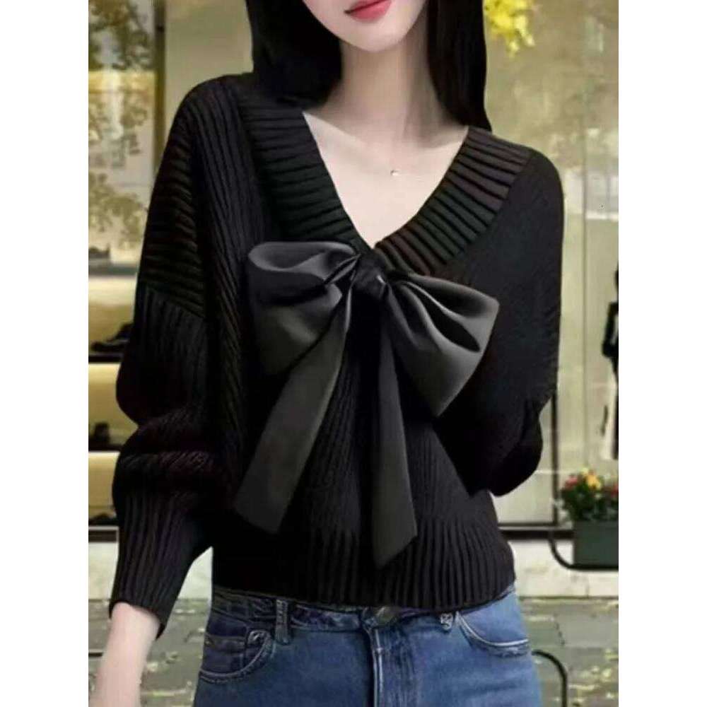 Bow Fashion Korean Knitted Sweater Women's Casual Baggy Long Sleeved V-neck Jumpers Soft Loose Warm Knitwear Pullovers Z260314