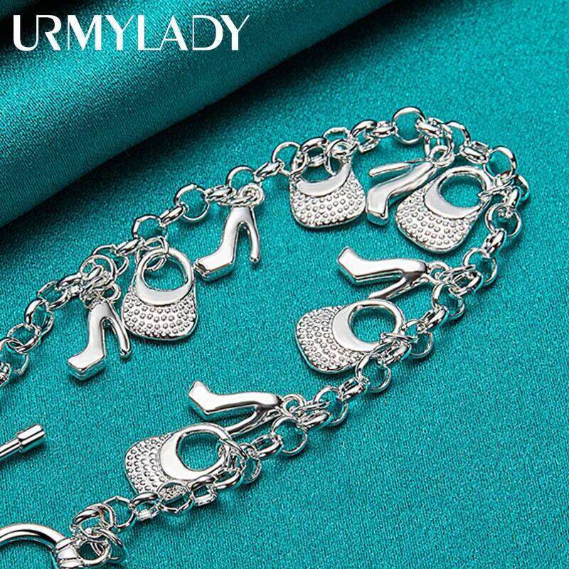 URMYLADY 925 Sterling Silver handbag High Heels Pendant Bracelets For Women Wedding Party Fashion Jewelry Z260313