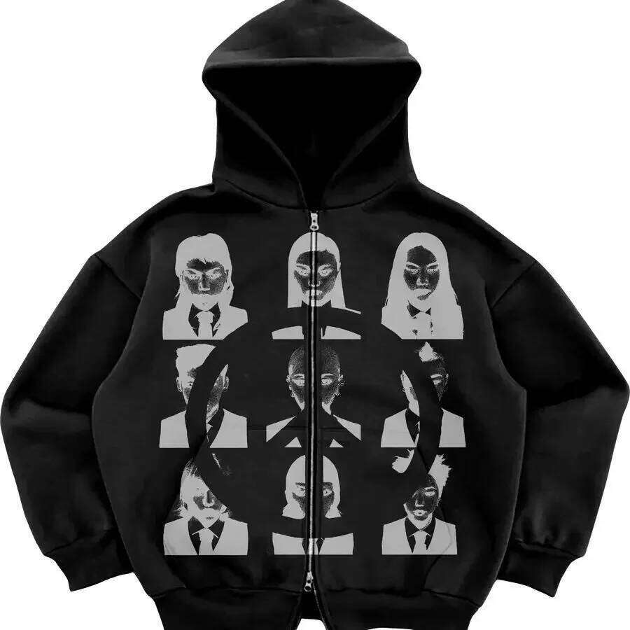 Hip Hop Gothic Retro High Street Baggy Zip Up Y2k Graphic Print American Zipper Hoodie Men's and Women's Sweatshirt 26Y0313