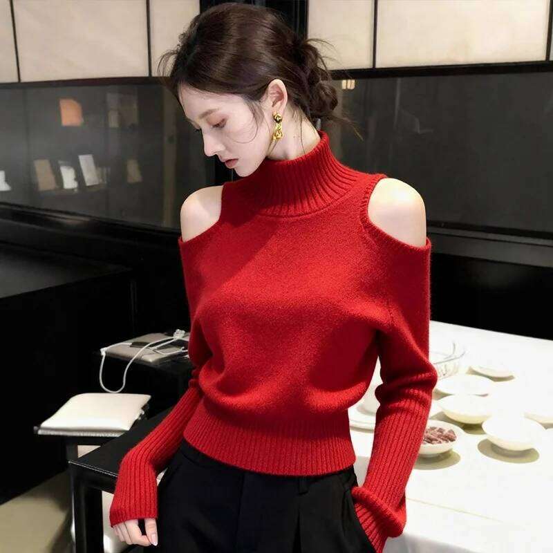 Red Off Shoulder Turtleneck Sweater Women Autumn Winter Lazy High End Sense Top Unique Stylish Knit Base Shirt Z260313