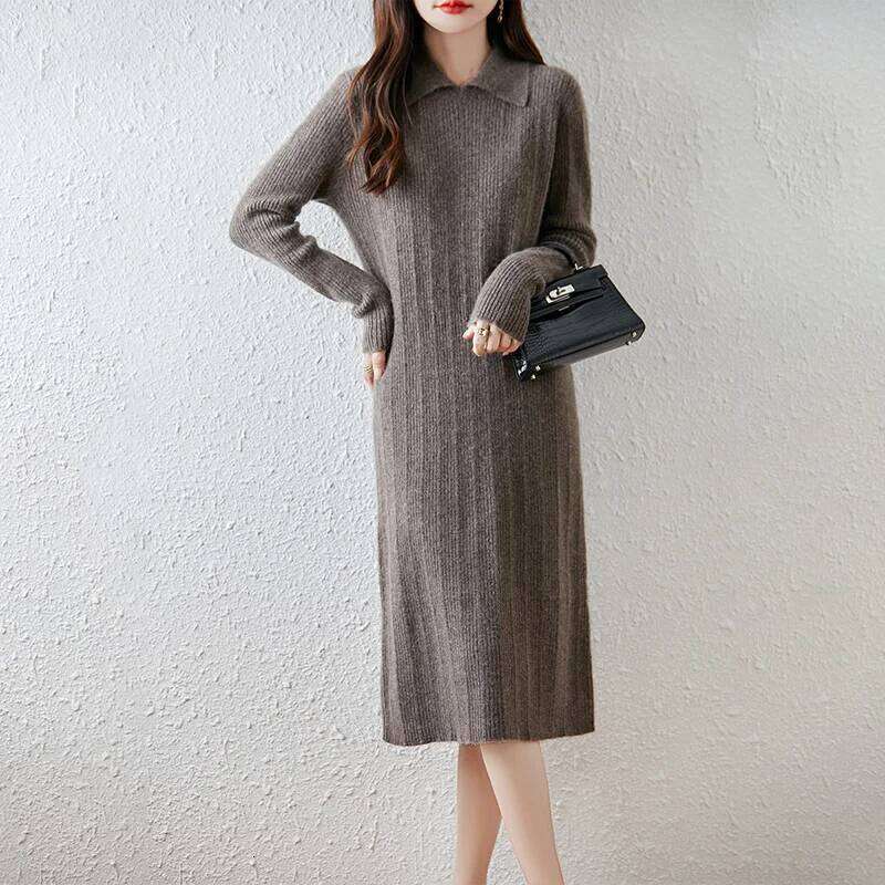 Yoyoselect 100% Merino Wool Women's Polo Collar Autumn Winter Straight Soft Warm Dresses Cashmere Knitted OL Dress Z260313