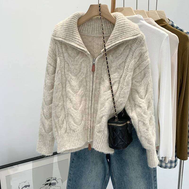 Autumn Winter New Lazy Style Knitted Women Cardigan Retro Solid Double Zipper Turn-down Collar Sweater Thicken Loose Tops Z260313