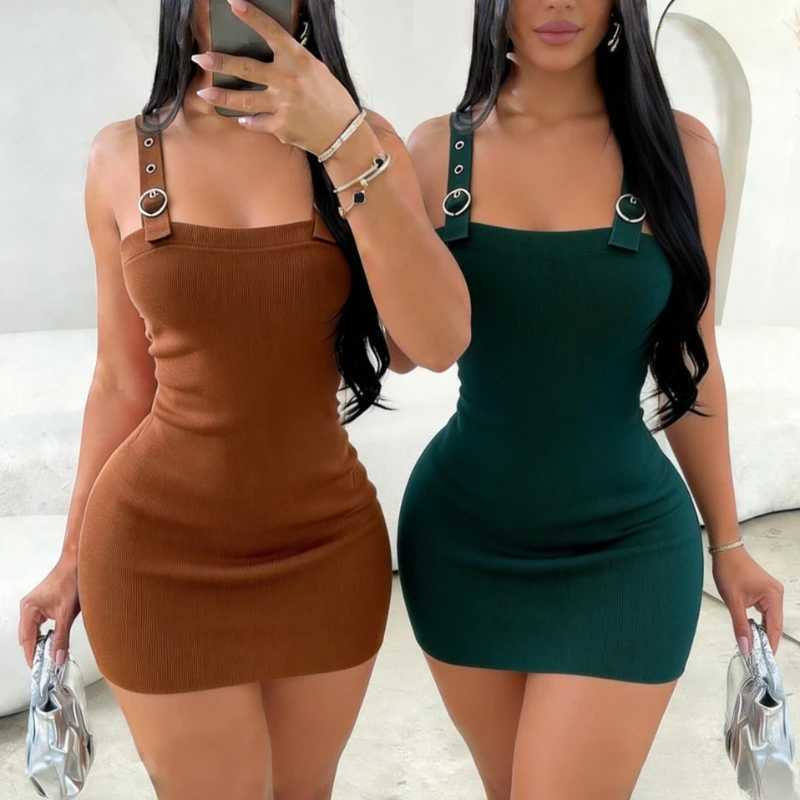 Womens Brown Spaghetti Strap Square Neck Sundress Metal Buckle Stretchy Ribbed Knit Bodycon Mini Dress Summer Party DressT260316