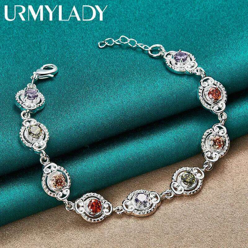 URMYLADY 925 Sterling Silver Charm Purple Orange Red Green Zircon Chain Bracelet For Women Wedding Engagement Fashion Jewelry Z260313