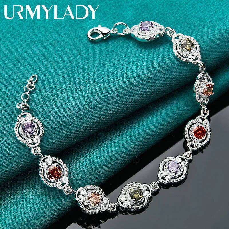URMYLADY 925 Sterling Silver Charm Purple Orange Red Green Zircon Chain Bracelet For Women Wedding Engagement Fashion Jewelry Z260313