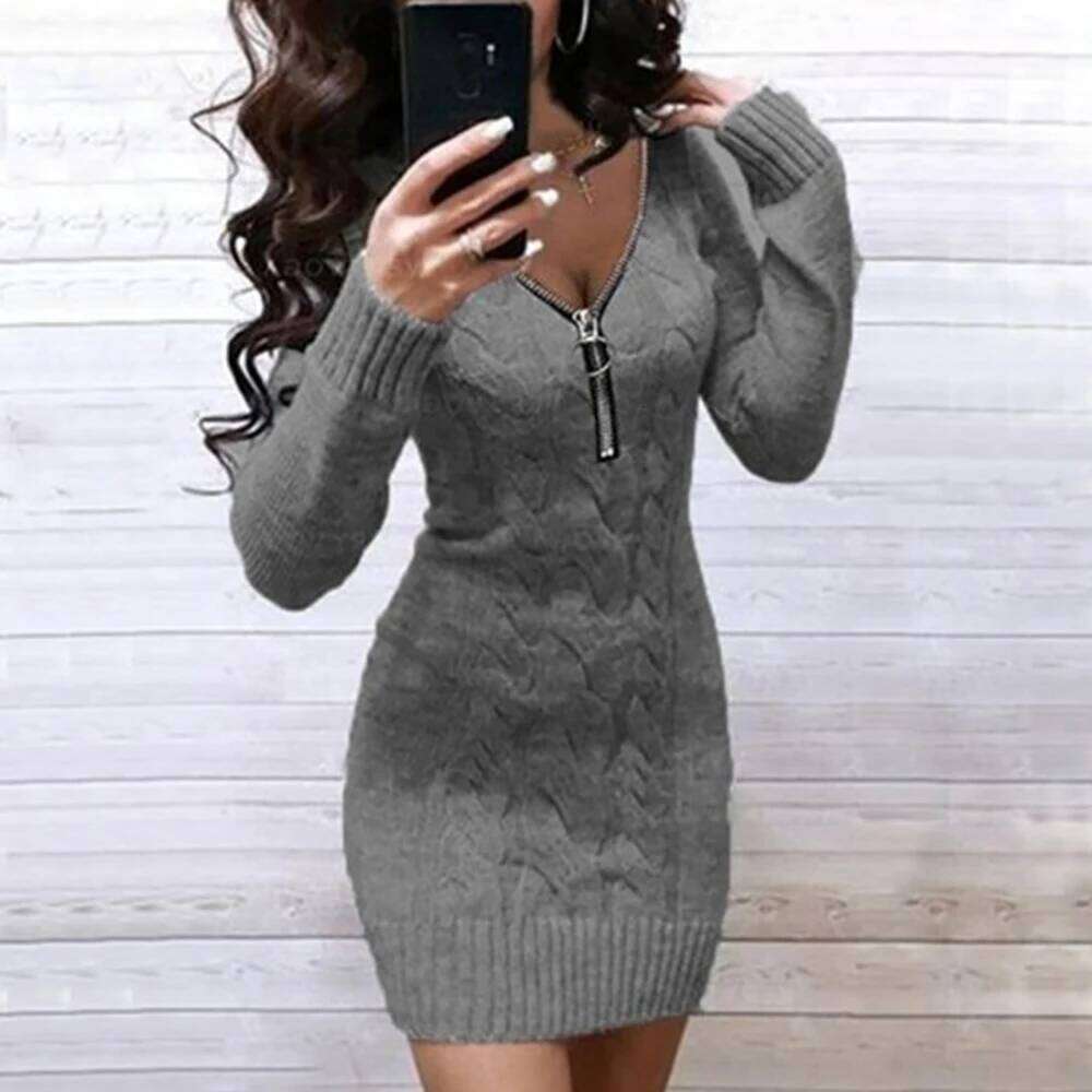 Women Sexy Slim Fit Knitted Sweater Dress Spring New V-neck Zip Long Sleeve Pullover Jumper Solid Casual Lady Mini Party Dresses Z260313