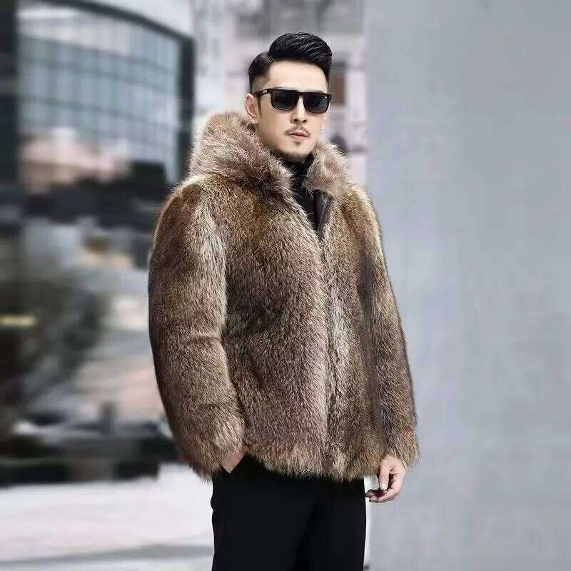 Men Autumn Winter Raccoon Light Luxury Hooded Fur Fashion Thickened Business Casual Coat Comfortable Warm Soft Z260313