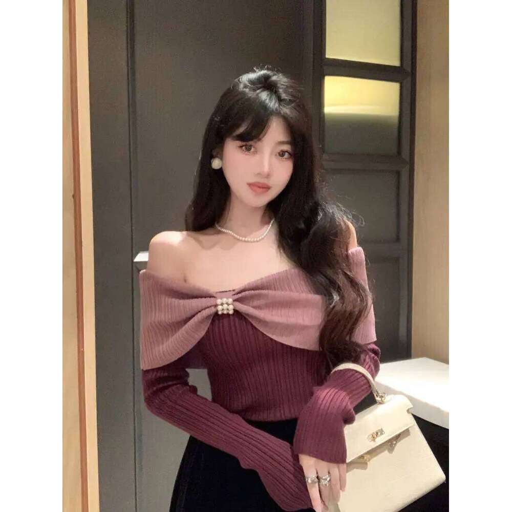 One Shoulder Bow Knit Sweater Women's New Top Z260313